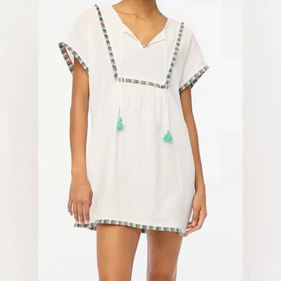 J.CREW Beach Tunic Coverup Womens XS White Tie Neck Boho Lightweight Fringe Edge - Picture 1 of 7